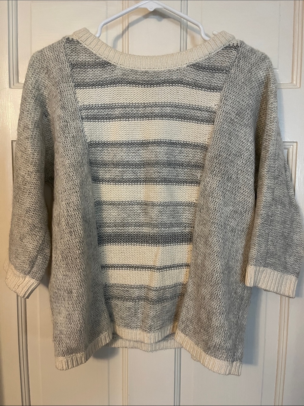 LOFT Cream & Gray Striped Crewneck Sweater